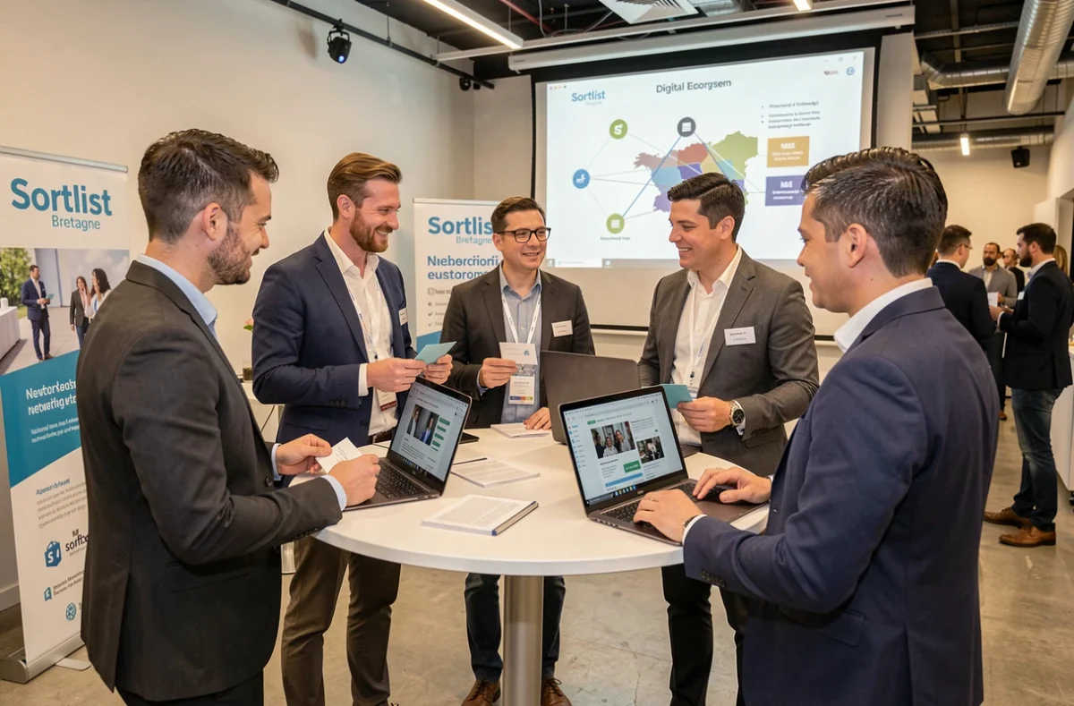 Professionnels du réseau Sortlist Bretagne échangeant lors d'un événement d'agences digitales spécialisées Shopify