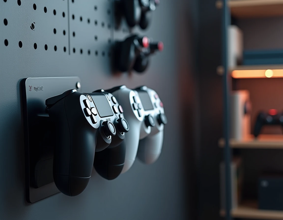 Station de charge murale pour deux manettes PS4 DualShock installée dans une salle de jeux organisée