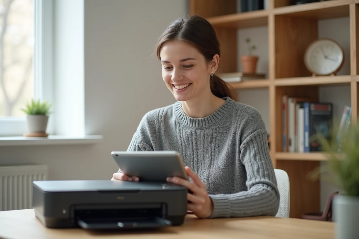 Femme connectant une tablette à une imprimante wifi dans un bureau à domicile
