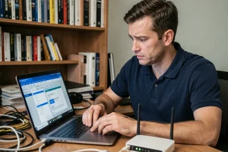 Technicien informatique examinant la configuration réseau d'un routeur avec l'adresse IP 192.168.0.22 affichée sur un écran d'ordinateur portable