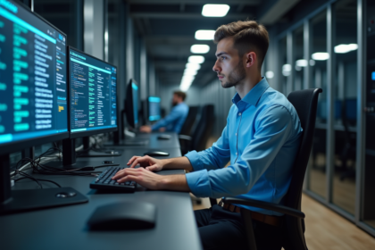 Jeune professionnel IT configurant VLAN sur moniteur