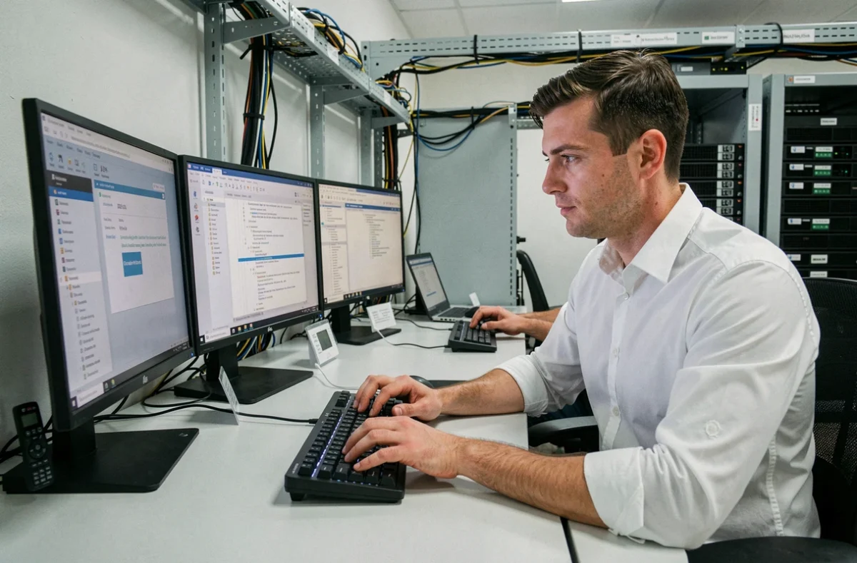 Technicien de Technoservices81 travaillant sur plusieurs écrans dans un bureau de support informatique professionnel