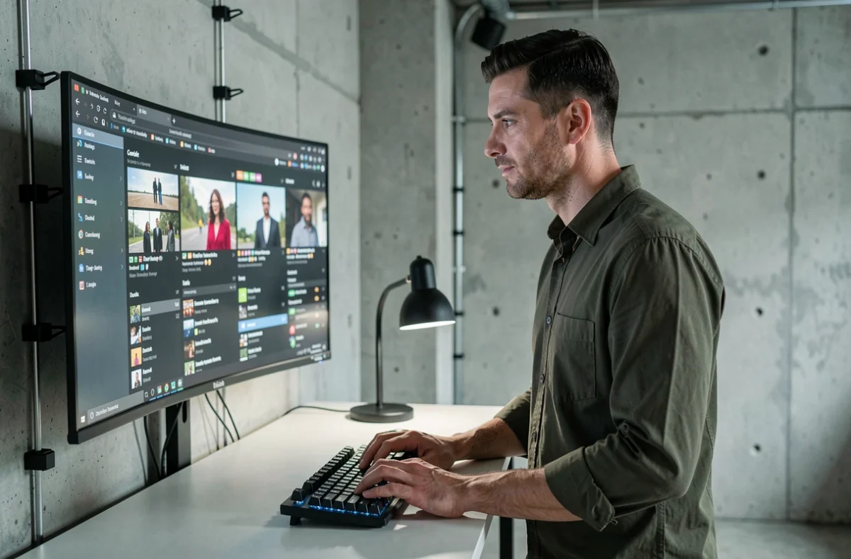 Homme professionnel gérant le téléchargement de plusieurs vidéos YouTube en lot sur un grand écran dans un espace de travail moderne