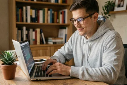 Jeune homme utilisant un outil en ligne pour télécharger des playlists YouTube sur son ordinateur portable dans un bureau à domicile