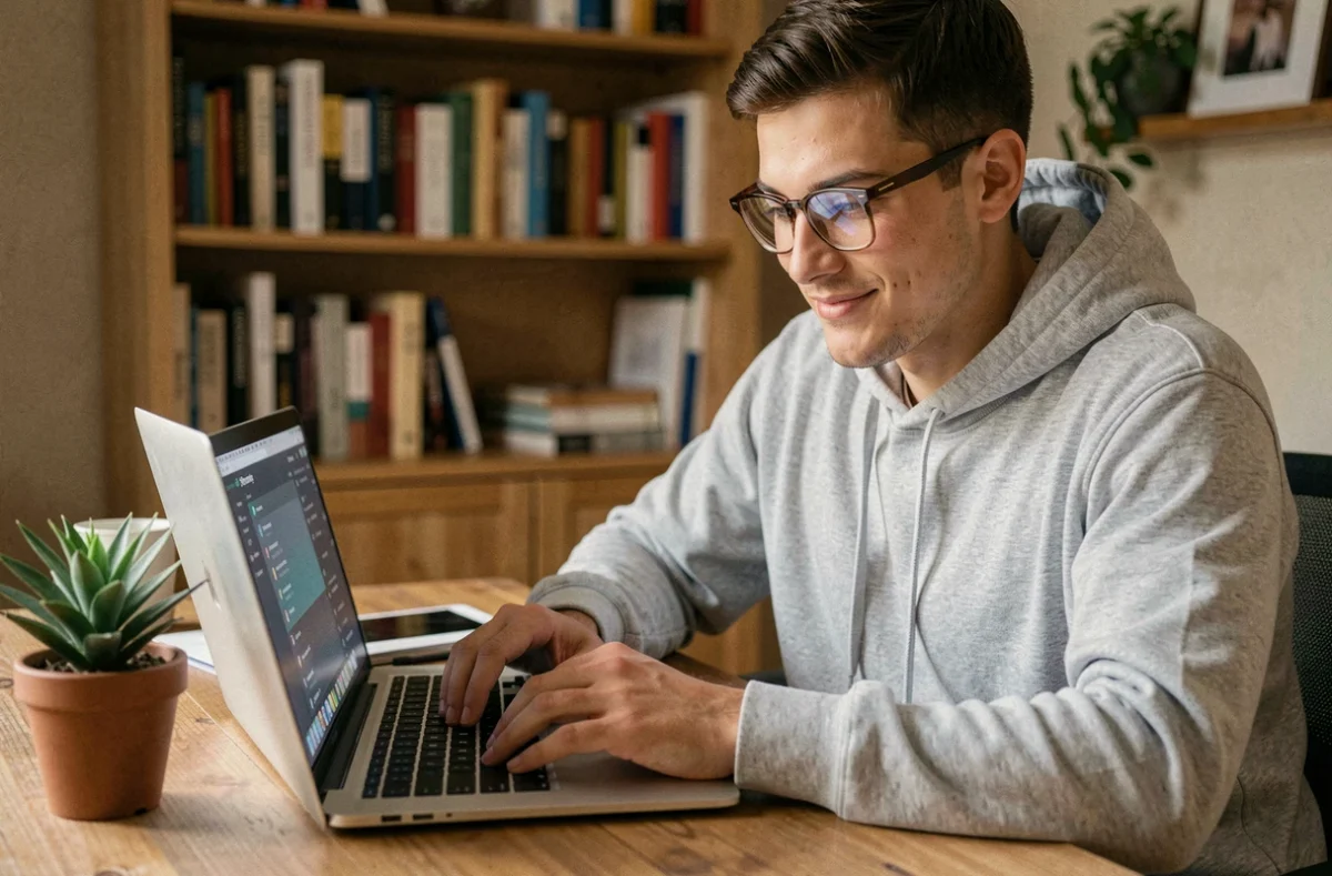 Jeune homme utilisant un outil en ligne pour télécharger des playlists YouTube sur son ordinateur portable dans un bureau à domicile