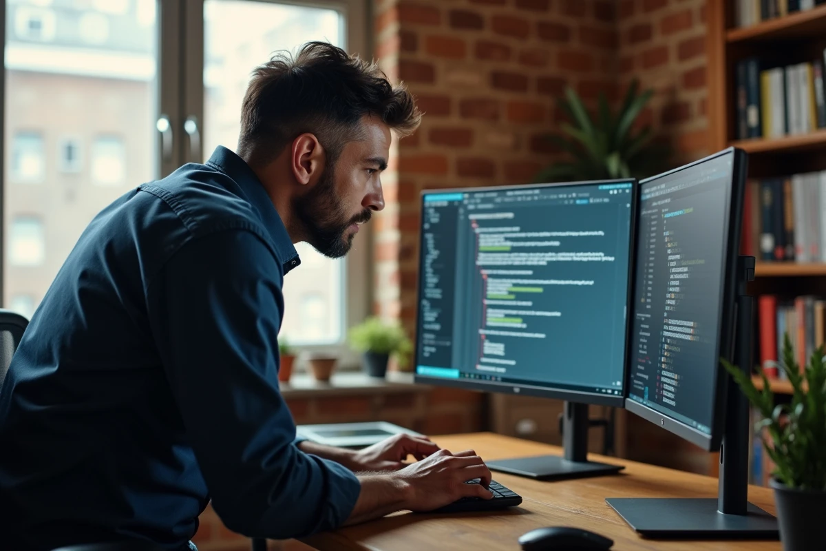 Homme en télétravail utilisant un client de messagerie alternatif suite à l'indisponibilité du webmail de Nantes Métropole