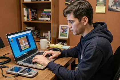Jeune homme transférant des Pokémon depuis une ROM Émeraude sur émulateur vers un jeu récent via câble USB sur son ordinateur portable
