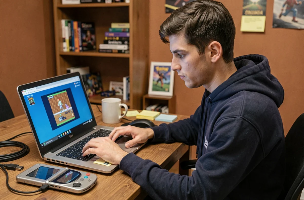 Jeune homme transférant des Pokémon depuis une ROM Émeraude sur émulateur vers un jeu récent via câble USB sur son ordinateur portable