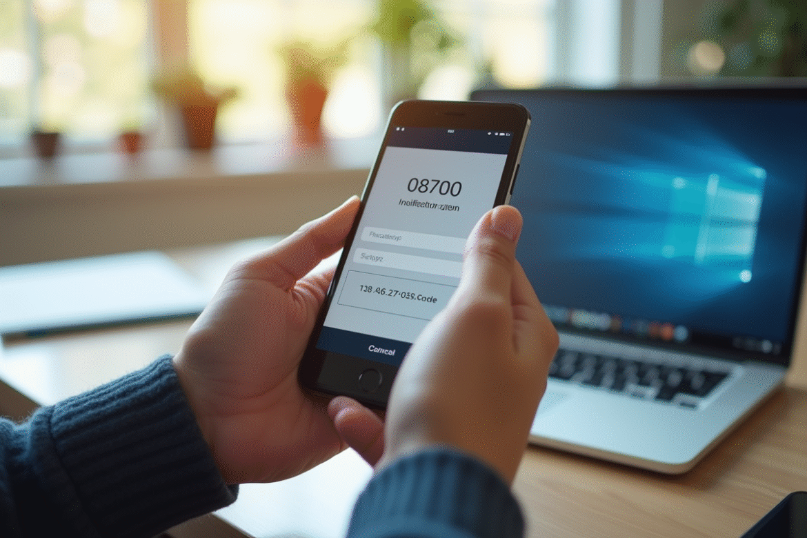 Main tenant un smartphone avec code de vérification en cours