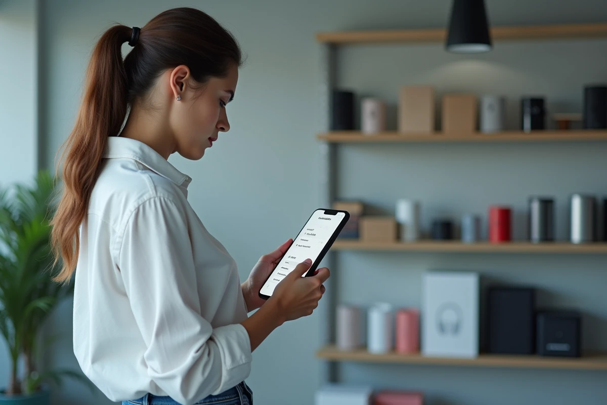 Femme vérifiant les informations IMEI et le logiciel d'un Google Pixel 8 Pro reconditionné dans une boutique de revente