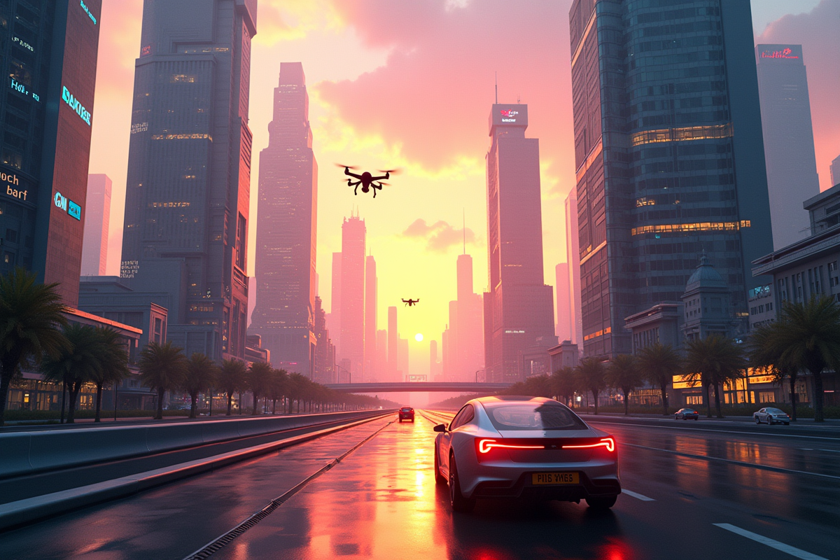 Ville ultramoderne au lever du soleil avec véhicules autonomes et gratte-ciel numériques