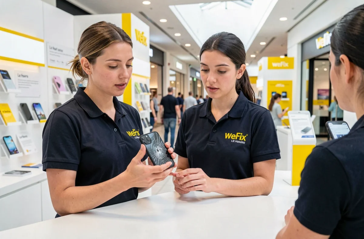 Technicienne WeFix Le Havre présentant un smartphone cassé à un client dans un kiosque de centre commercial