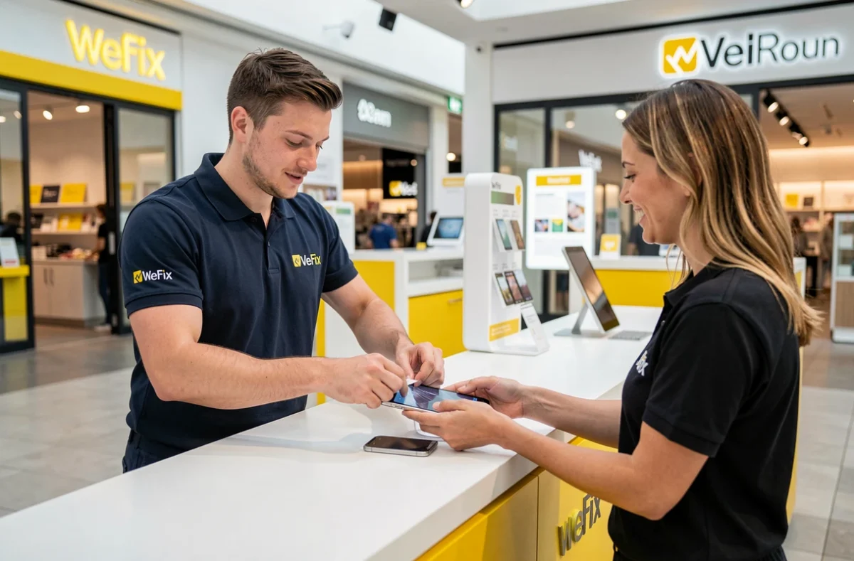 Technicien WeFix Rouen retirant le film protecteur d'un écran de smartphone réparé avant de le remettre au client