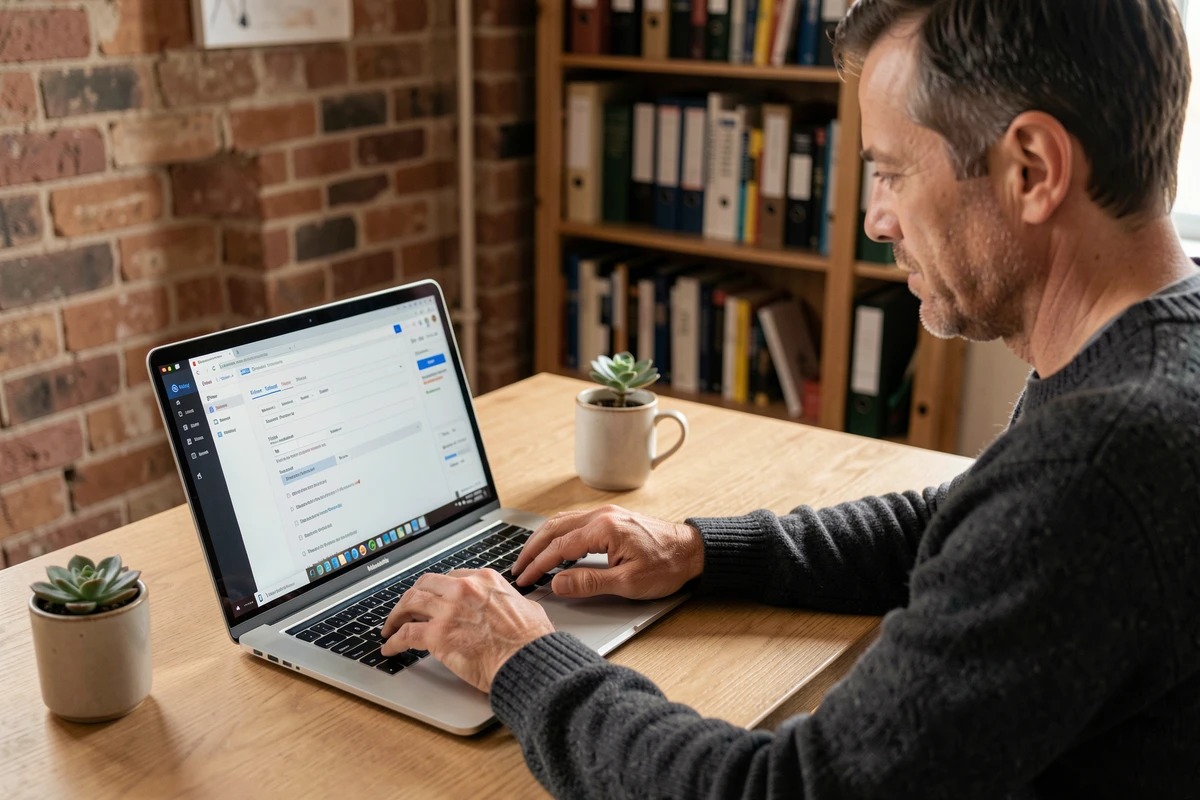 Homme configurant des filtres de messagerie sur un client email ZIMBRA depuis son bureau à domicile