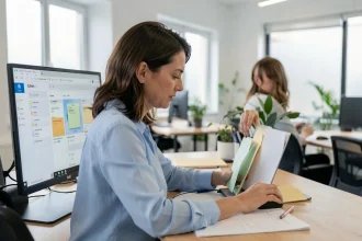 Femme professionnelle organisant ses dossiers de messagerie ZIMBRA sur un ordinateur de bureau dans un open-space moderne