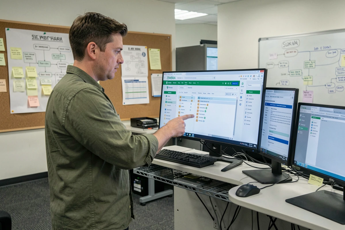 Technicien informatique universitaire présentant l'interface ZIMBRA avec dossiers organisés sur double écran